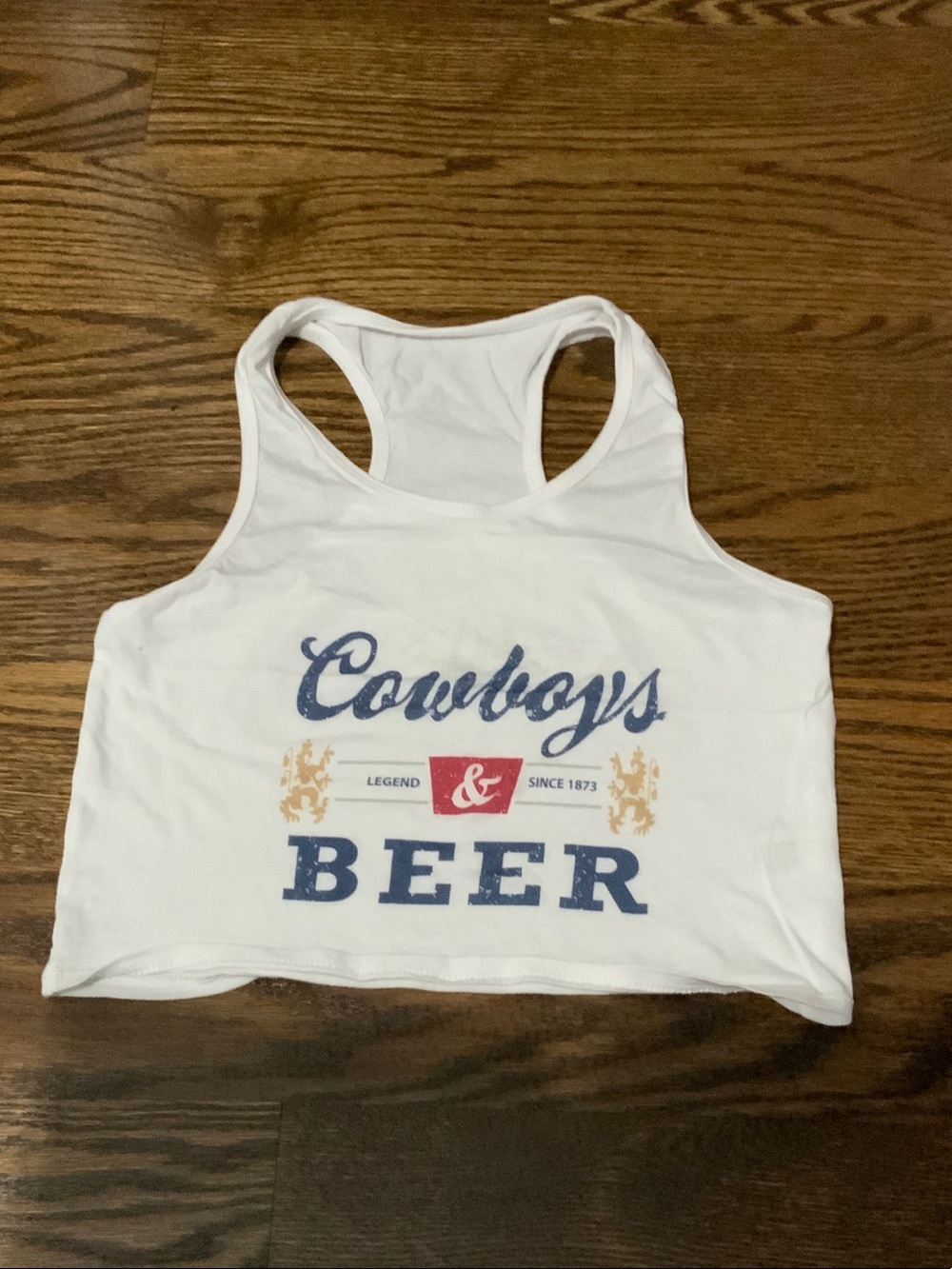 White 'Cowboys Beer' Graphic Racerback Crop Tank